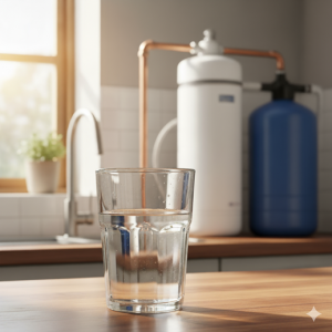 Verre d'eau devant un adoucisseur